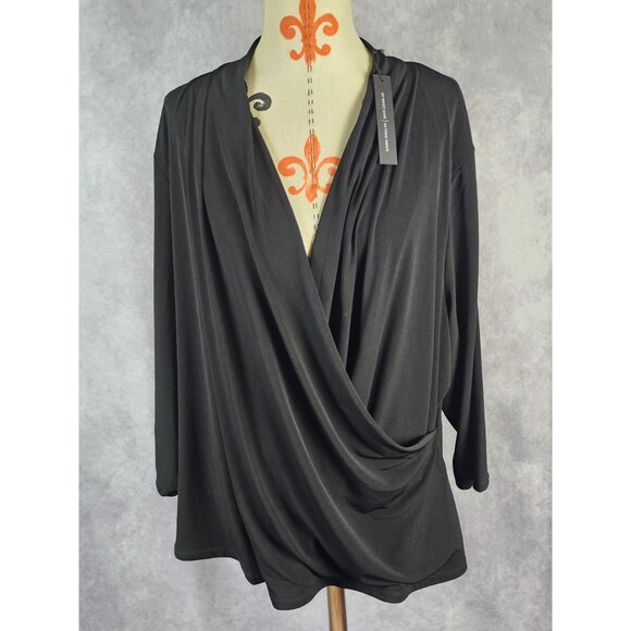 NWT Tahari Perfect Shape Womens 3X Black Plunge Blouse Top Flowy Wrap Stretch - Picture 1 of 11
